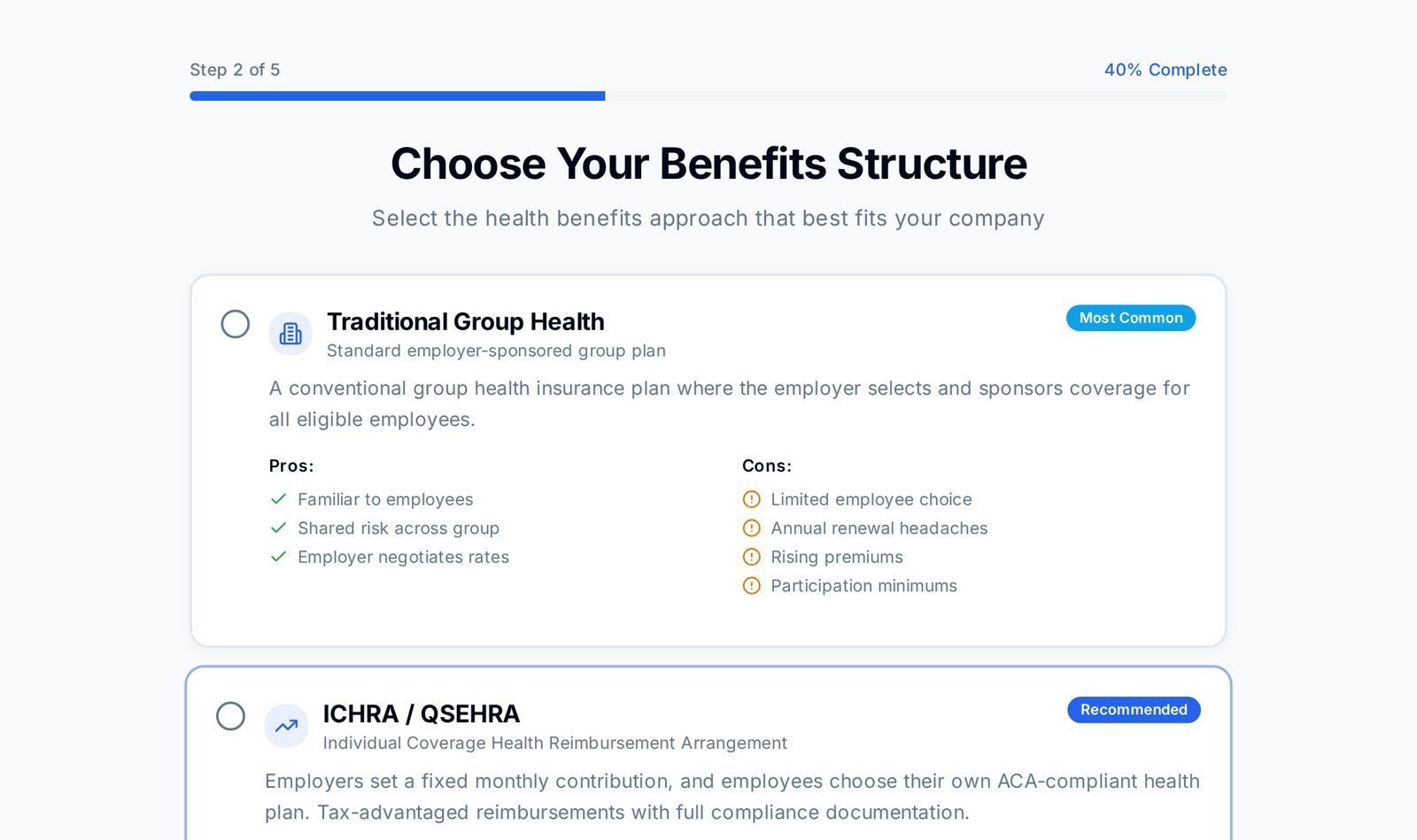 Benefits structure step of the calculator comparing Traditional Group Health with ICHRA and QSEHRA options