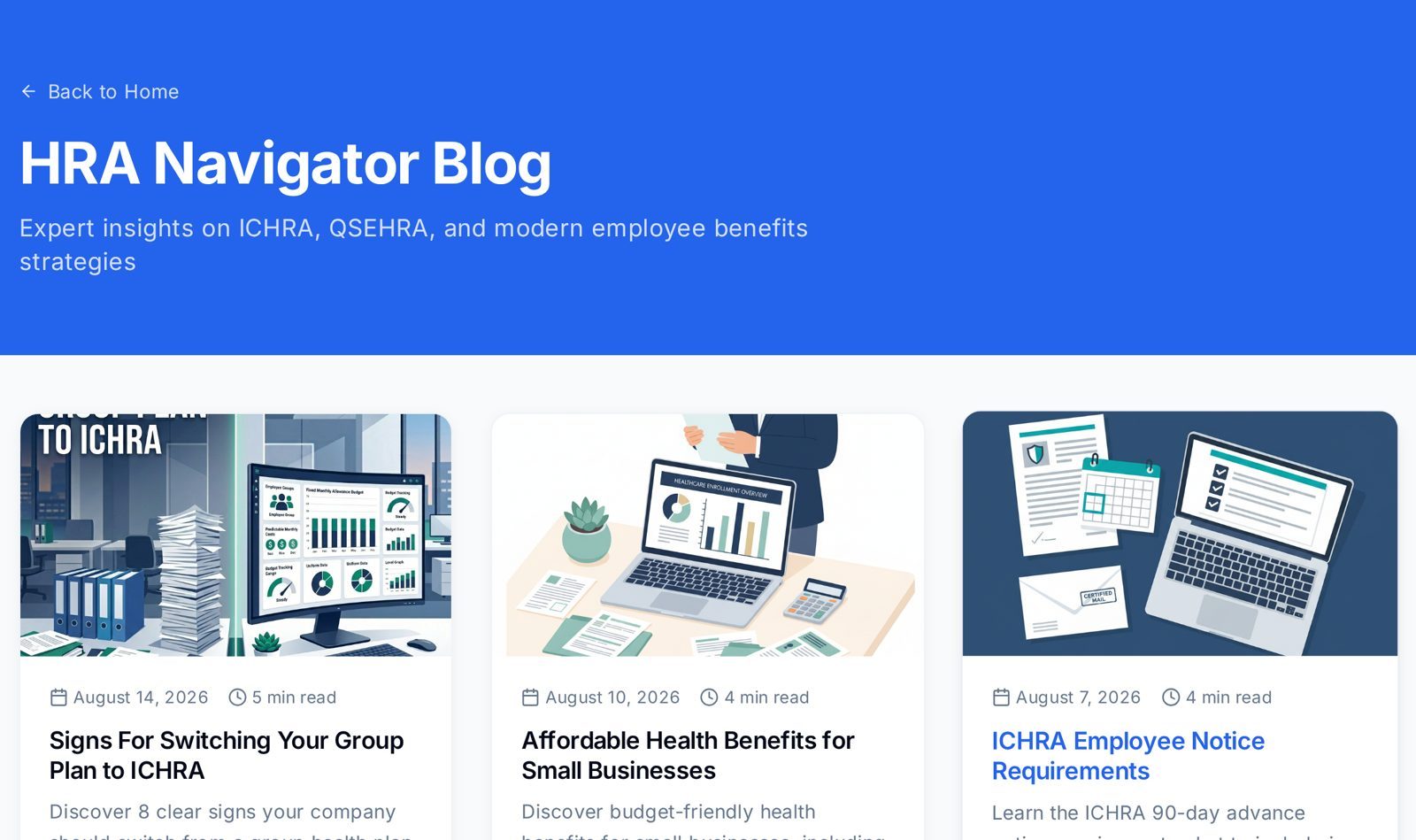 ICHRA Navigator blog listing page showing published benefits articles