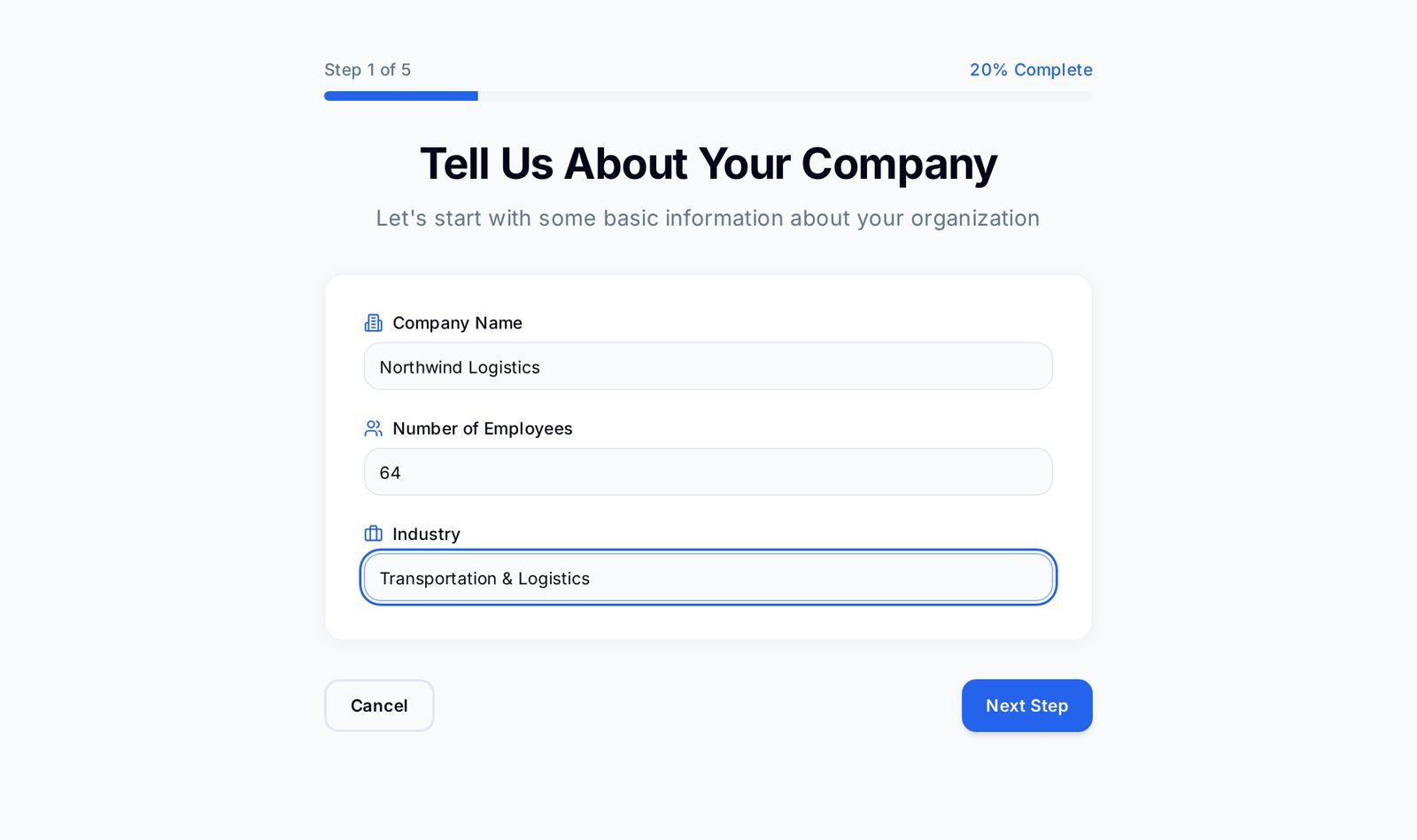 Employer ICHRA Calculator interface showing step 1 of 5 with company name, employee count, and industry fields